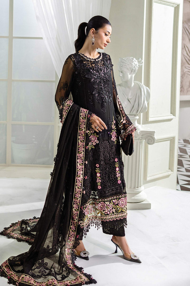 Jet Black &amp; Blush Pink Luxury Embroidered Chiffon Suit | Ready to Wear