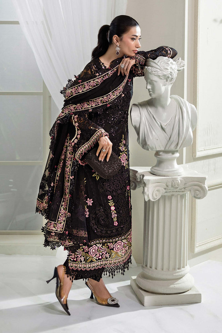 Jet Black &amp; Blush Pink Luxury Embroidered Chiffon Suit | Ready to Wear