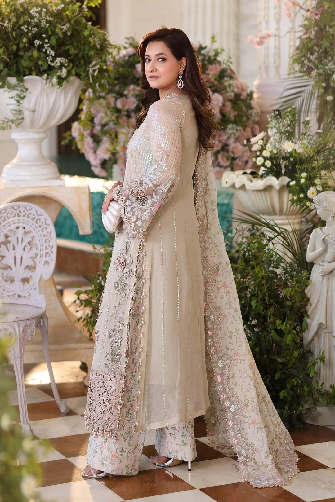 Pearl Ivory &amp; Pastel Blush Accent: Embroidered Chiffon Suit