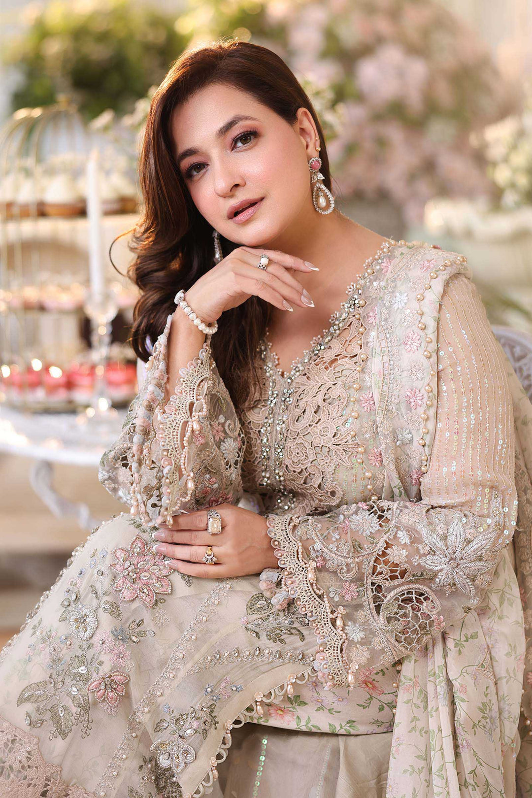 Pearl Ivory &amp; Pastel Blush Accent: Embroidered Chiffon Suit