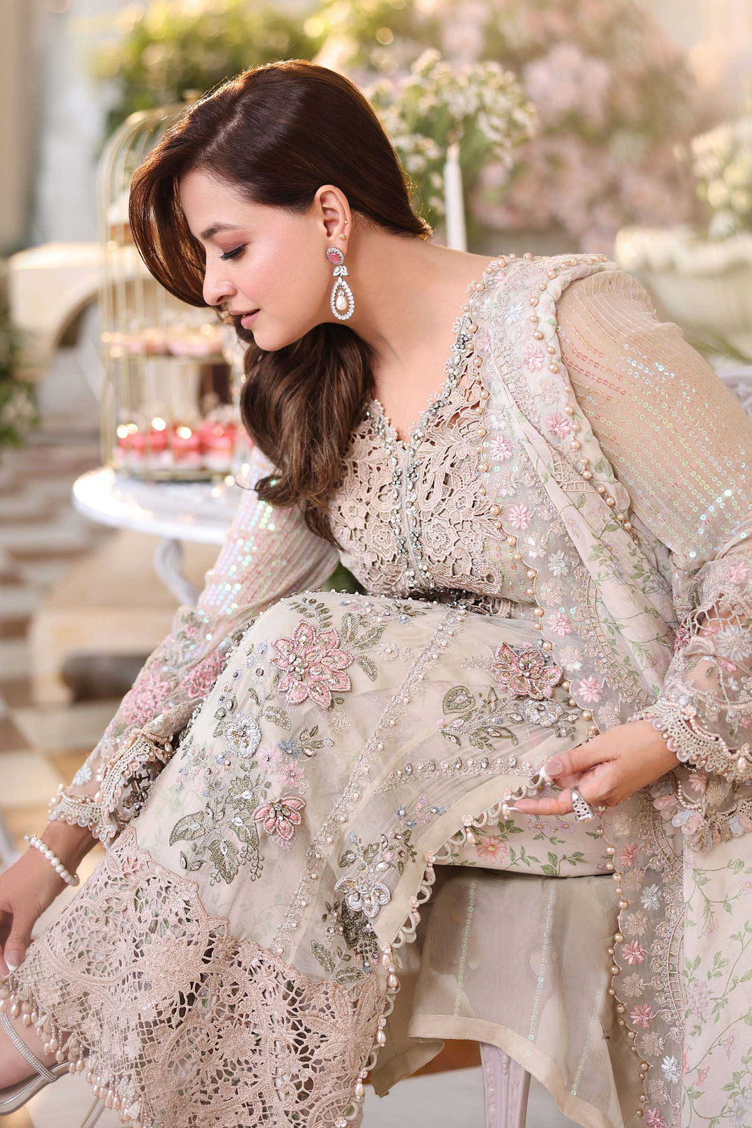 Pearl Ivory &amp; Pastel Blush Accent: Embroidered Chiffon Suit