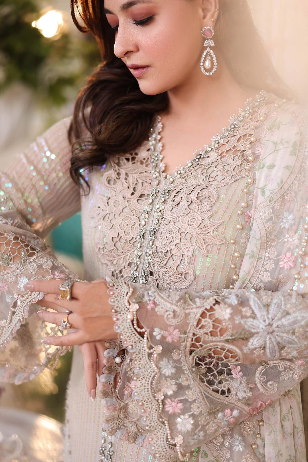 Pearl Ivory &amp; Pastel Blush Accent: Embroidered Chiffon Suit