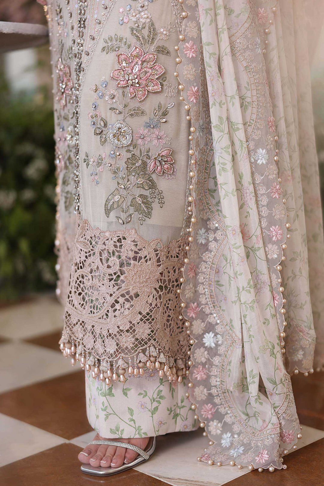 Pearl Ivory &amp; Pastel Blush Accent: Embroidered Chiffon Suit