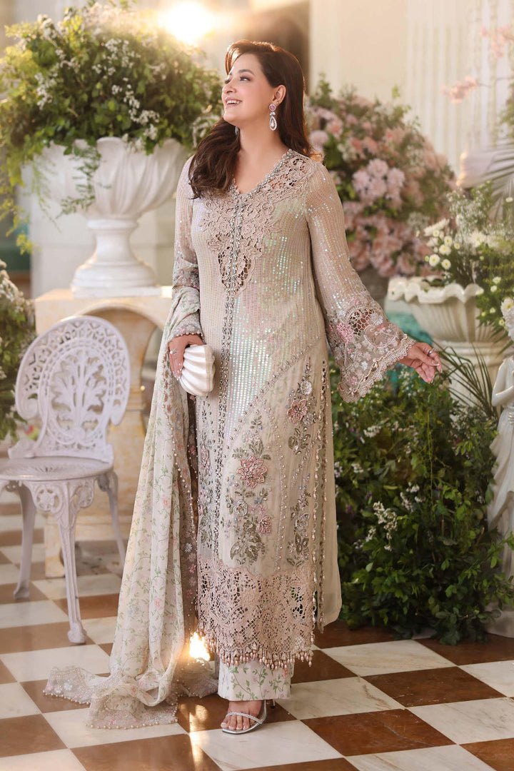 Pearl Ivory &amp; Pastel Blush Accent: Embroidered Chiffon Suit