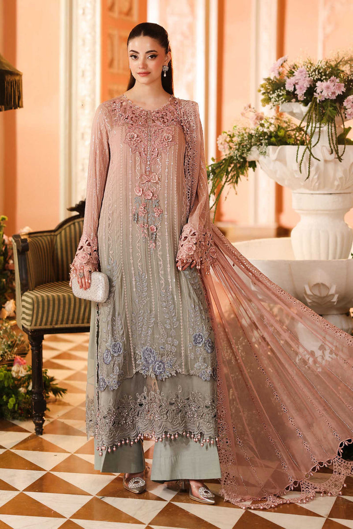 Dusty Pink &amp; Grey-Ash Heavy Embroidered Tie-Dye Chiffon 3-Piece Suit | Ready To Wear