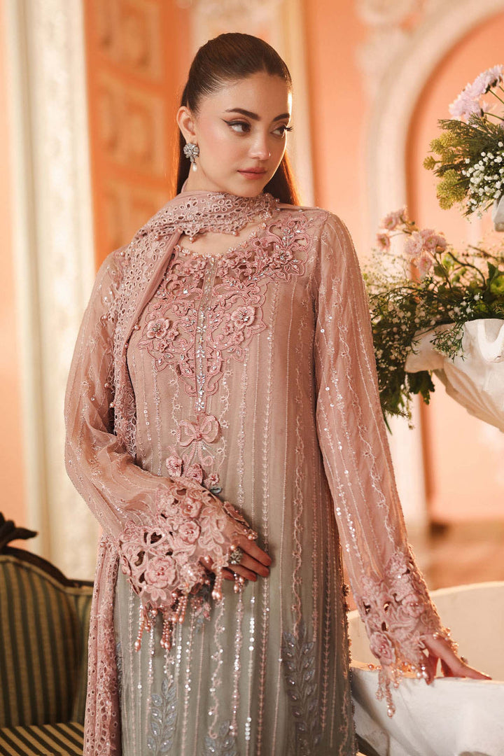 Dusty Pink &amp; Grey-Ash Heavy Embroidered Tie-Dye Chiffon 3-Piece Suit | Ready To Wear