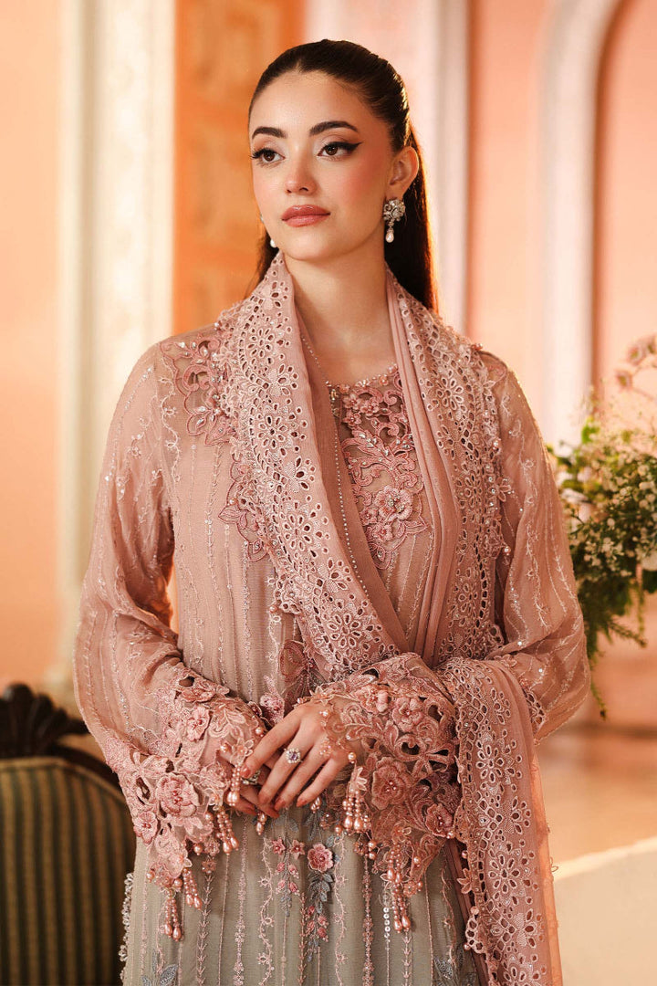 Dusty Pink &amp; Grey-Ash Heavy Embroidered Tie-Dye Chiffon 3-Piece Suit | Ready To Wear