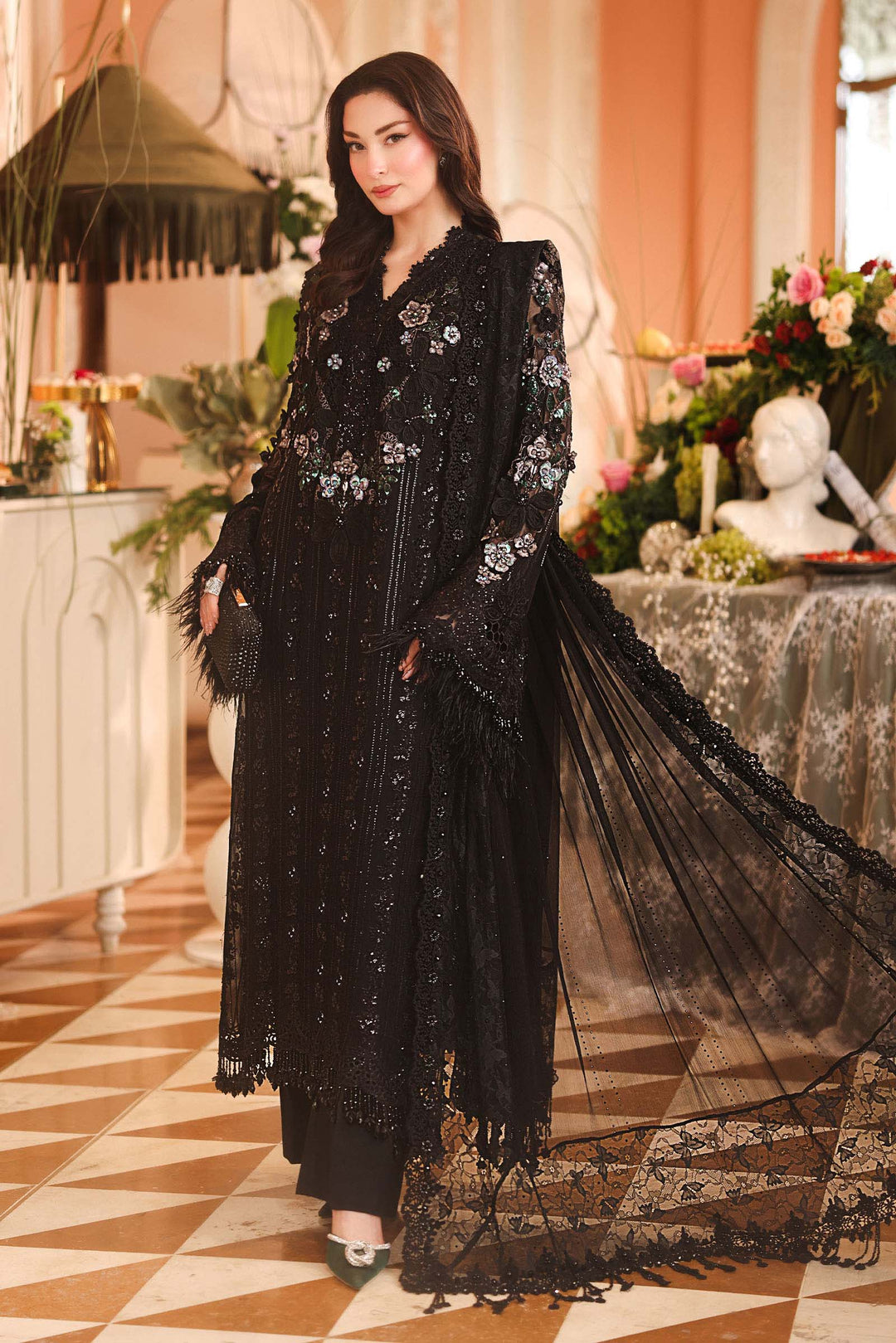 Heavy Embroidered Chiffon Ready to Wear 3-Piece Suit with 3D Floral Sleeves