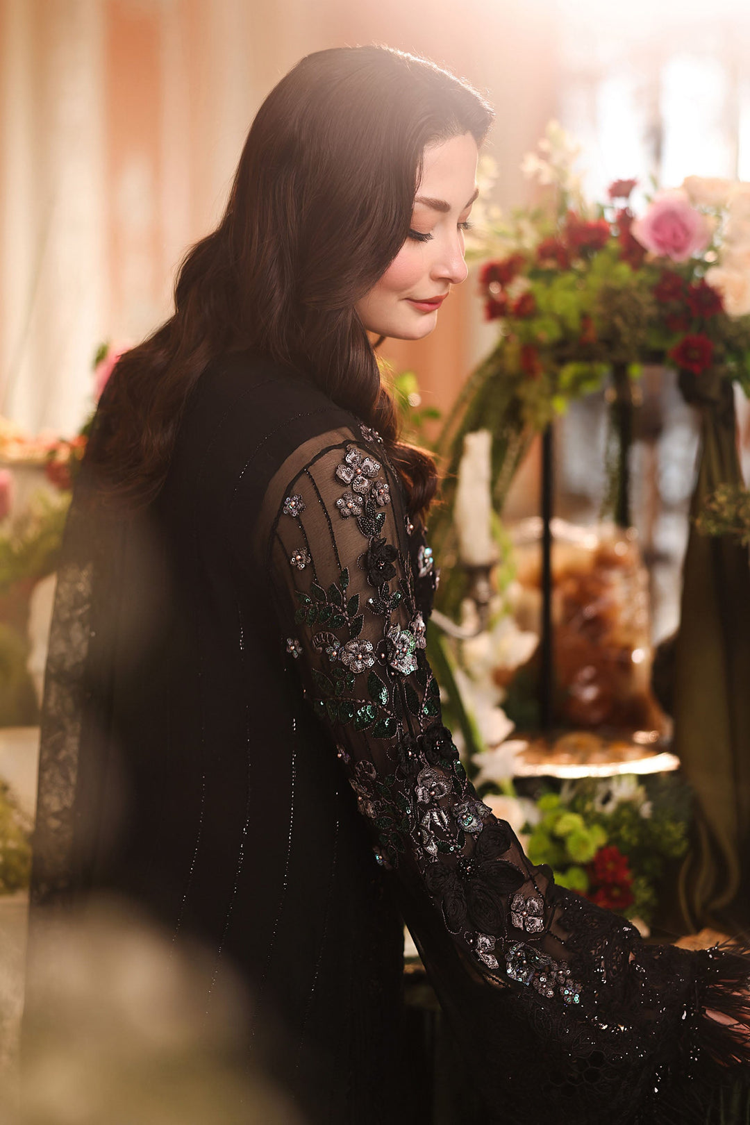 Heavy Embroidered Chiffon Ready to Wear 3-Piece Suit with 3D Floral Sleeves