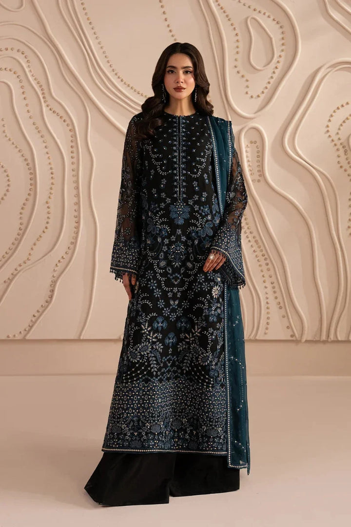 Jet Black &amp; Oceanic Teal: Embroidered Chiffon Suit | Ready To Wear