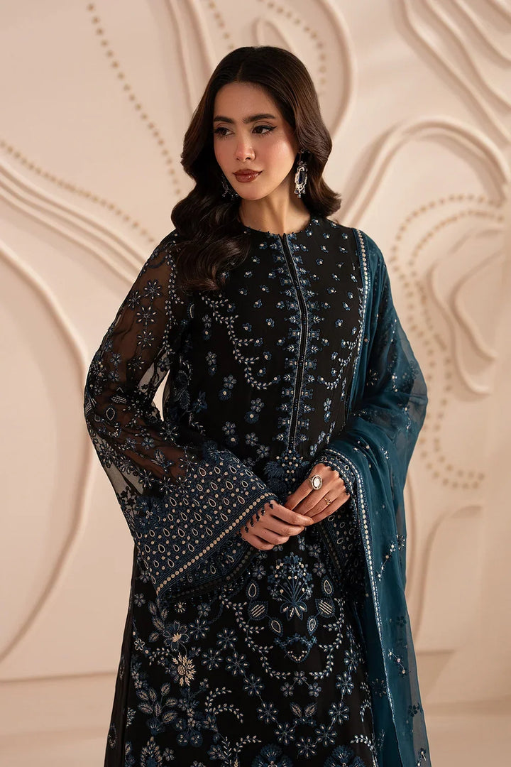 Jet Black &amp; Oceanic Teal: Embroidered Chiffon Suit | Ready To Wear