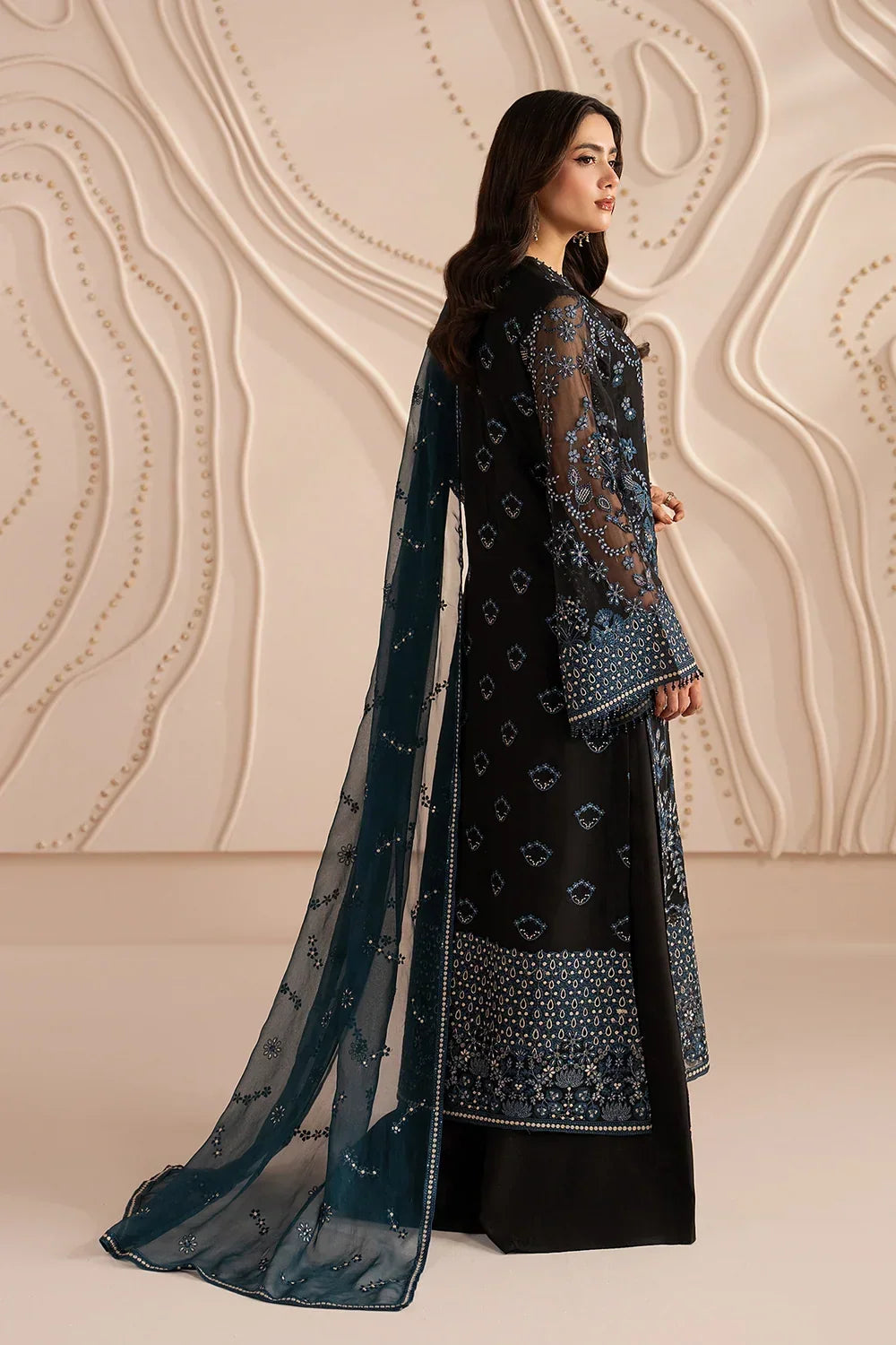 Jet Black &amp; Oceanic Teal: Embroidered Chiffon Suit | Ready To Wear