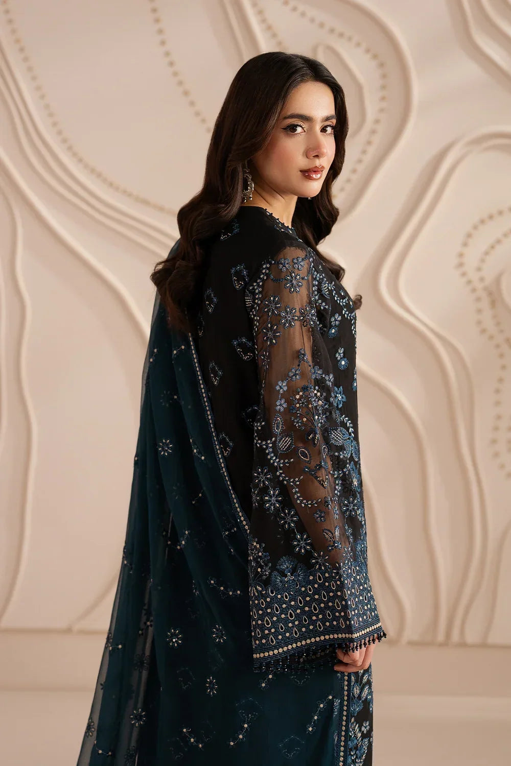 Jet Black &amp; Oceanic Teal: Embroidered Chiffon Suit | Ready To Wear