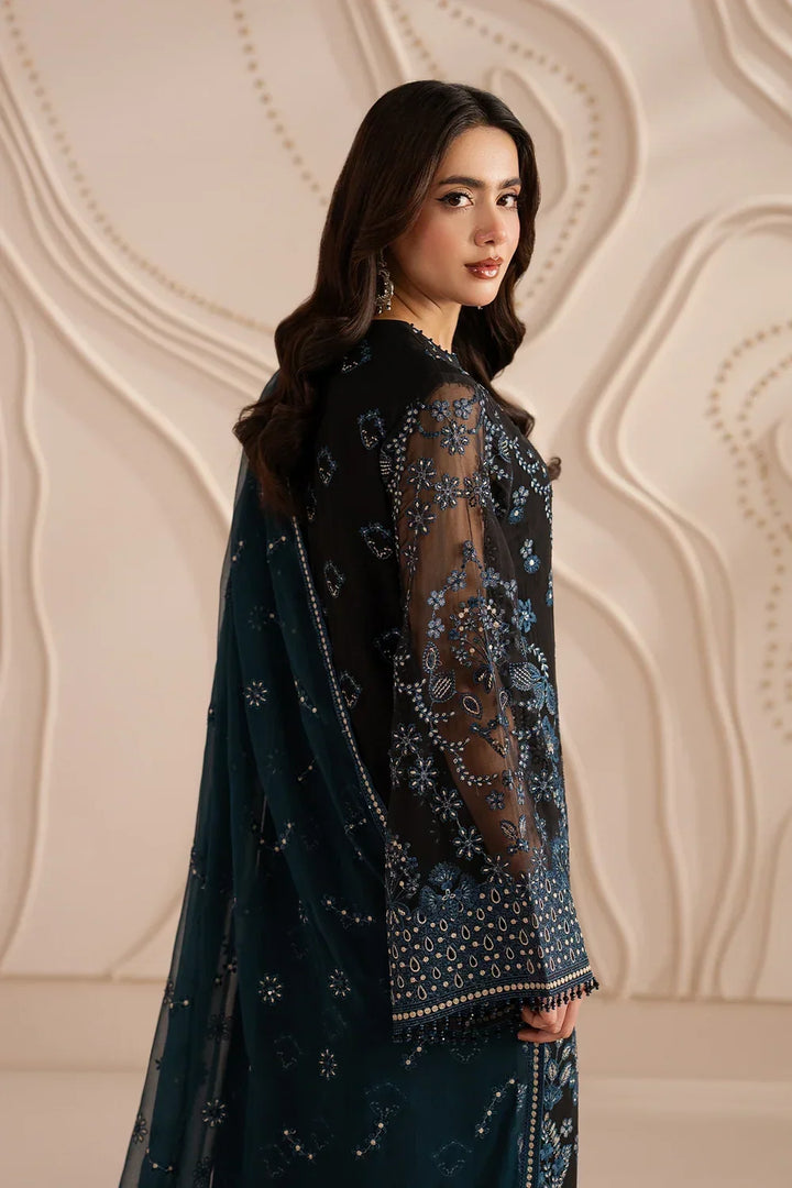 Jet Black &amp; Oceanic Teal: Embroidered Chiffon Suit | Ready To Wear