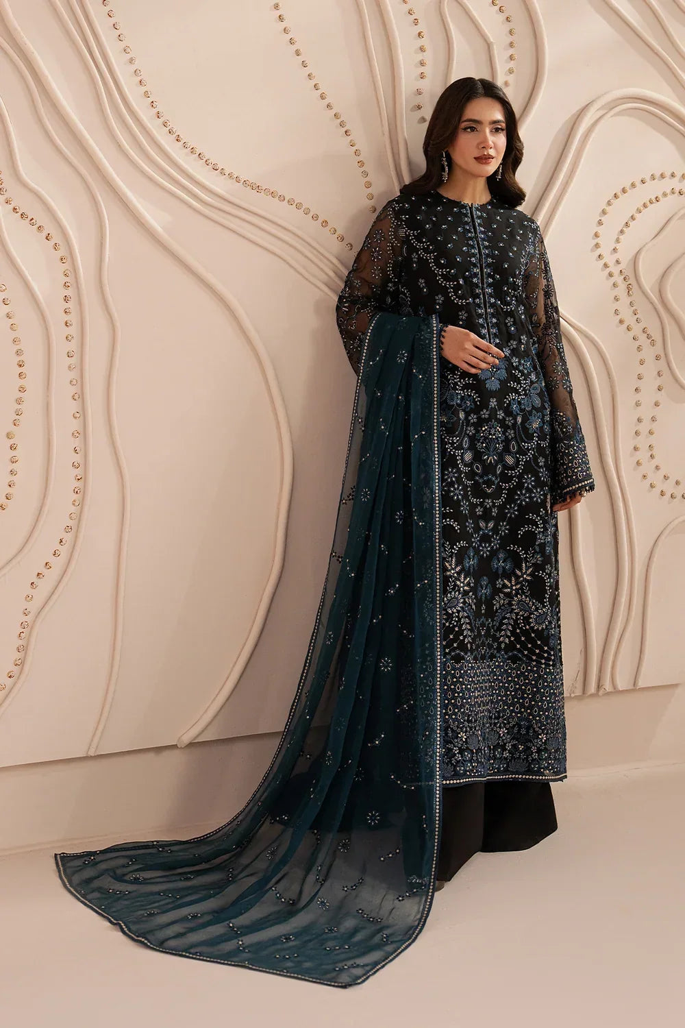 Jet Black &amp; Oceanic Teal: Embroidered Chiffon Suit | Ready To Wear