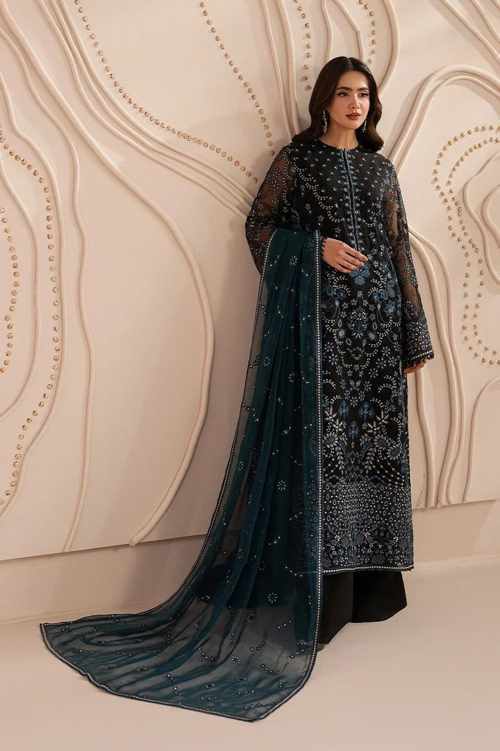 Jet Black &amp; Oceanic Teal: Embroidered Chiffon Suit | Ready To Wear