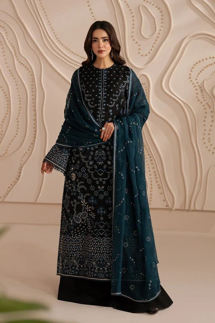 Jet Black &amp; Oceanic Teal: Embroidered Chiffon Suit | Ready To Wear