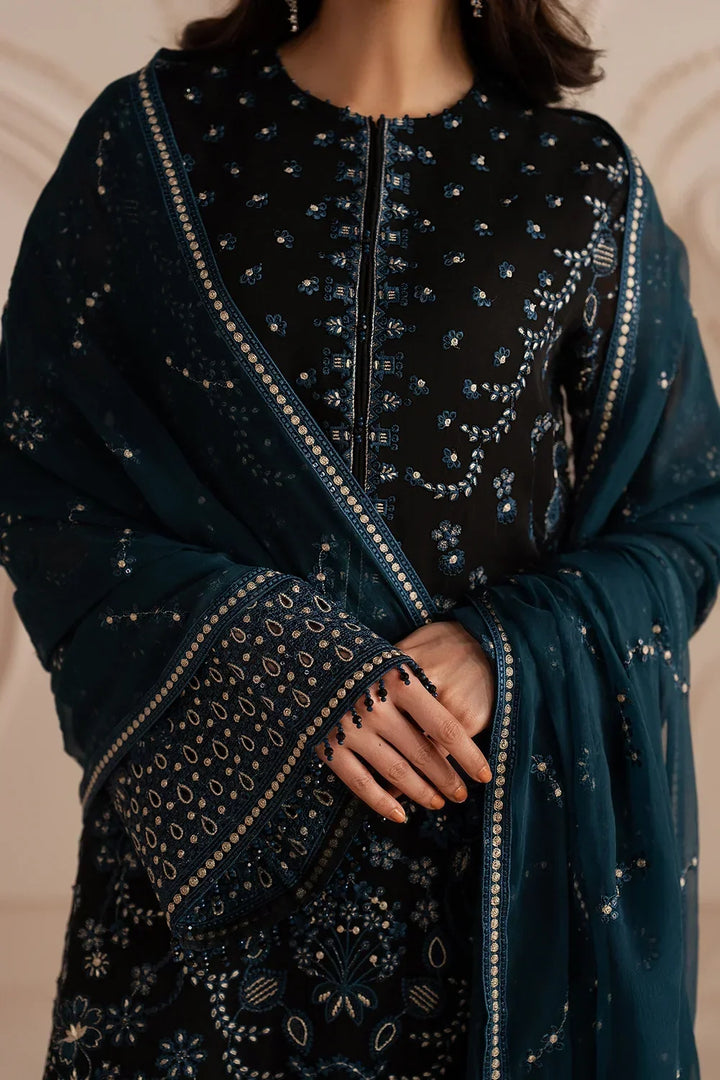 Jet Black &amp; Oceanic Teal: Embroidered Chiffon Suit | Ready To Wear