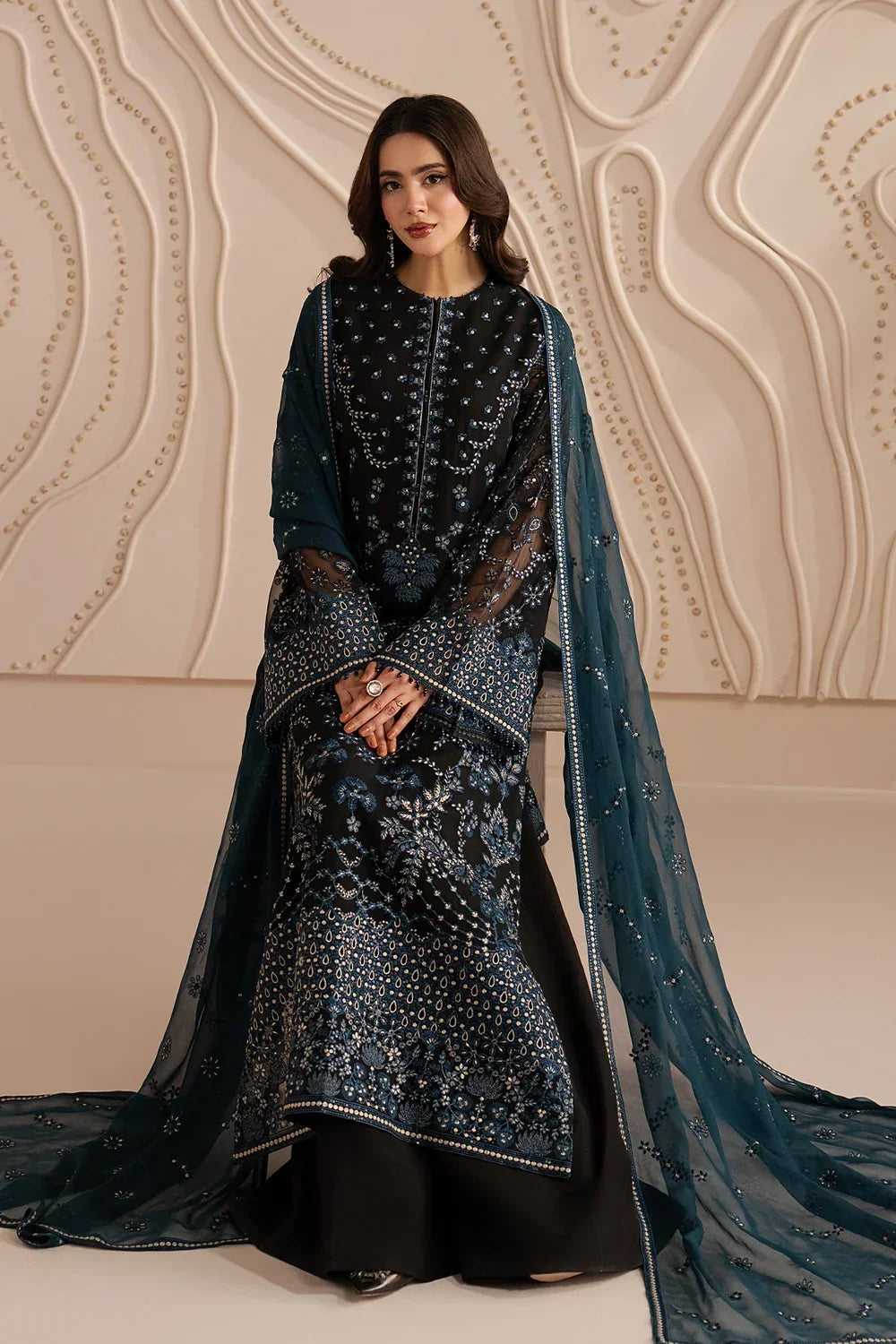 Jet Black &amp; Oceanic Teal: Embroidered Chiffon Suit | Ready To Wear