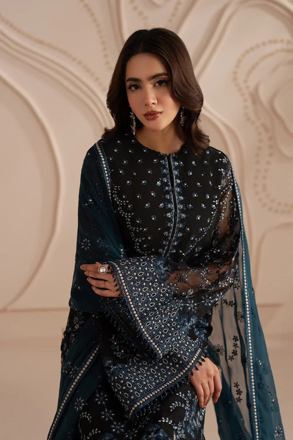 Jet Black &amp; Oceanic Teal: Embroidered Chiffon Suit | Ready To Wear