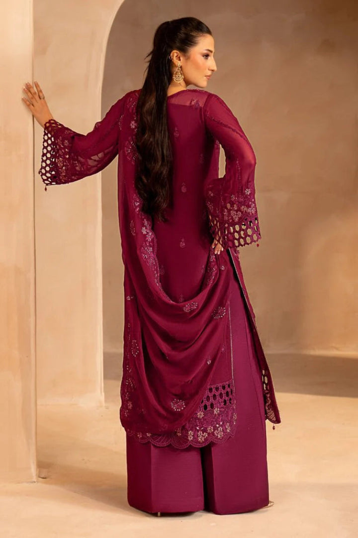 Maroon Embroidered Chiffon 3-Piece Suit | Ready to Wear