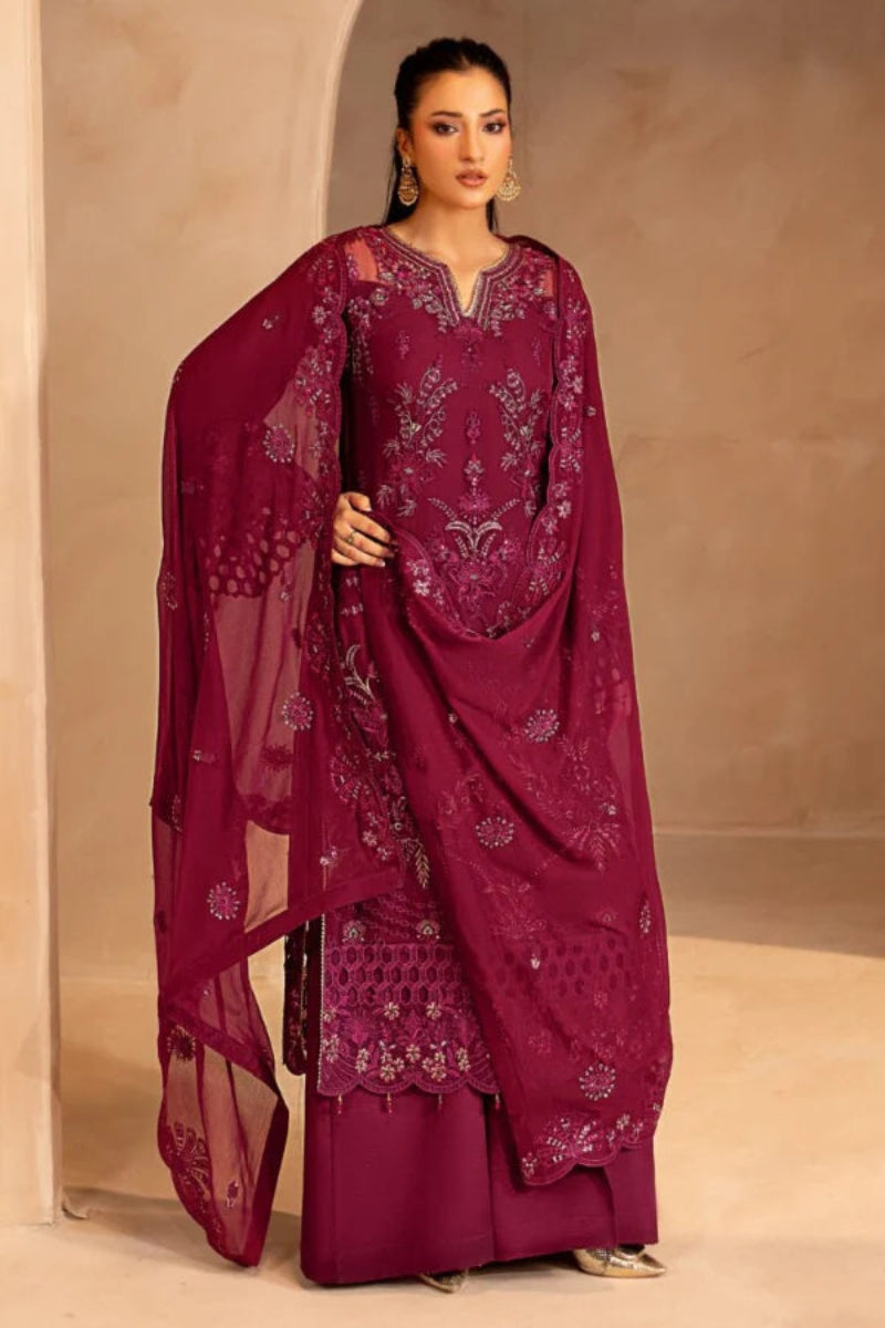 Maroon Embroidered Chiffon 3-Piece Suit | Ready to Wear