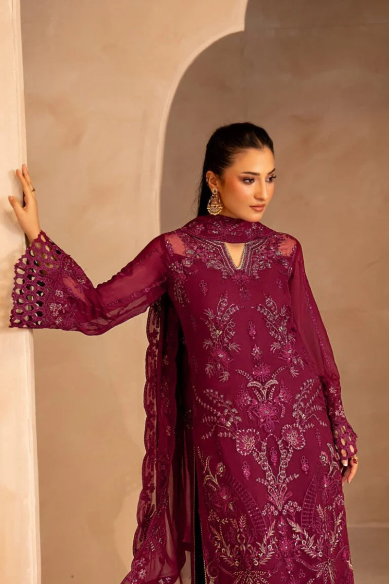 Maroon Embroidered Chiffon 3-Piece Suit | Ready to Wear