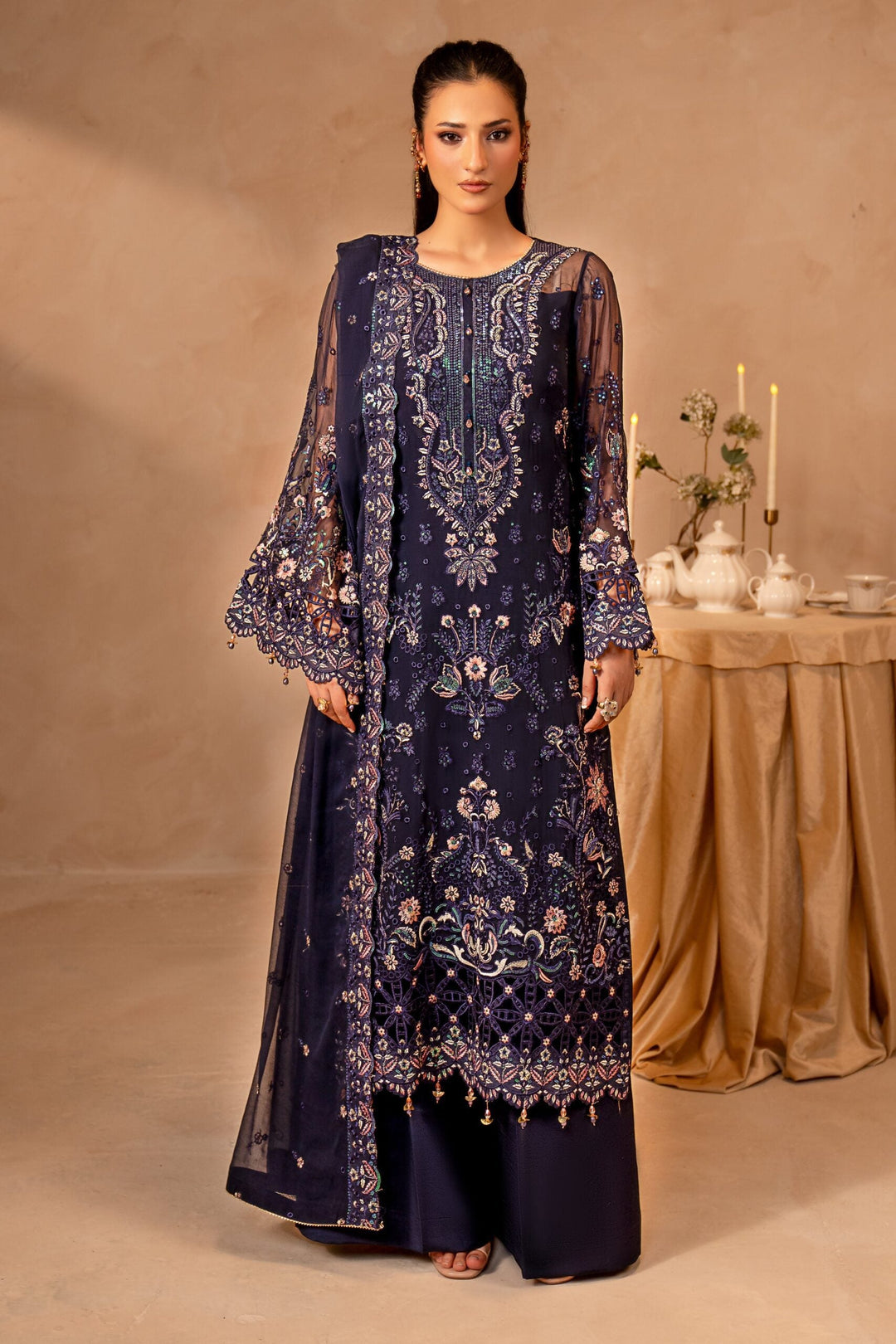 Midnight Blue &amp; Antique Pastel: Embroidered Chiffon Suit | Ready To Wear
