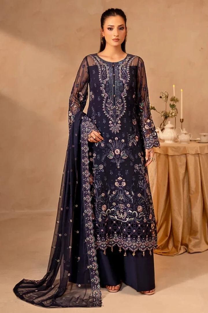 Midnight Blue &amp; Antique Pastel: Embroidered Chiffon Suit | Ready To Wear