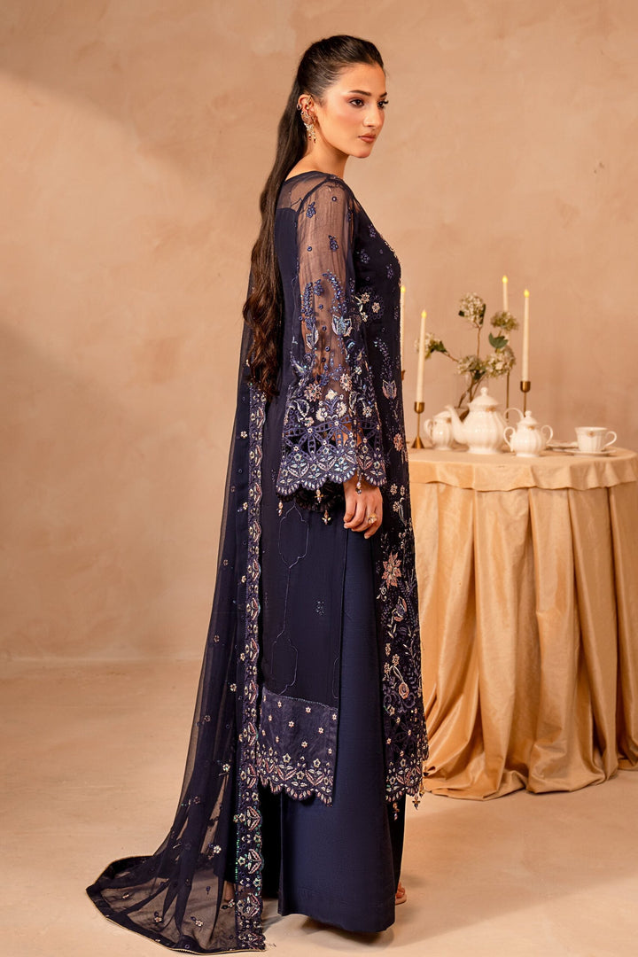 Midnight Blue &amp; Antique Pastel: Embroidered Chiffon Suit | Ready To Wear