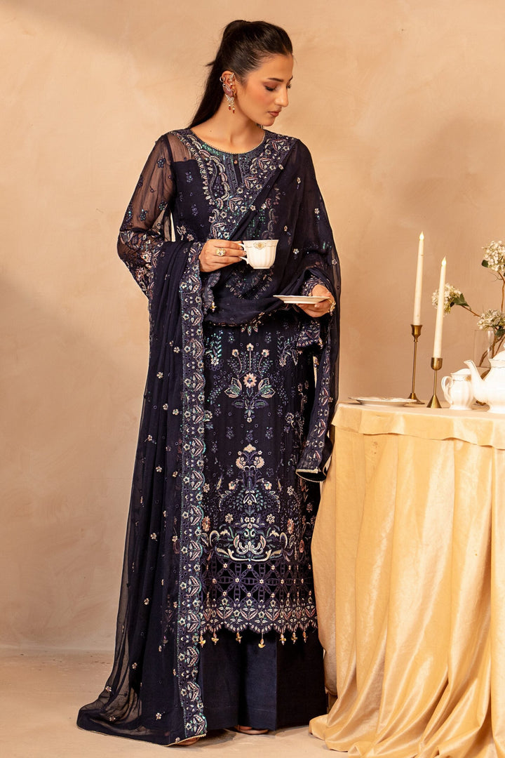 Midnight Blue &amp; Antique Pastel: Embroidered Chiffon Suit | Ready To Wear