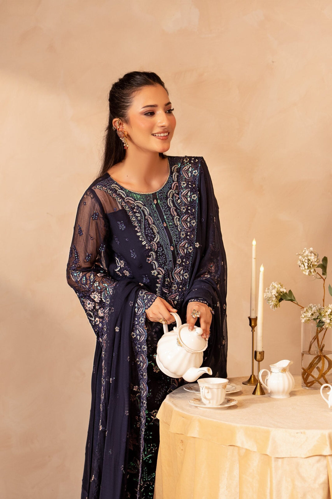 Midnight Blue &amp; Antique Pastel: Embroidered Chiffon Suit | Ready To Wear