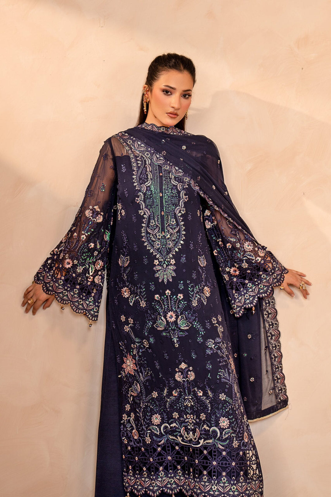 Midnight Blue &amp; Antique Pastel: Embroidered Chiffon Suit | Ready To Wear