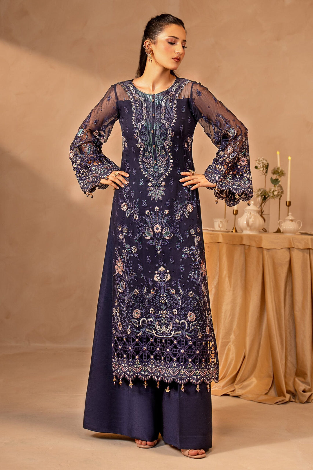 Midnight Blue &amp; Antique Pastel: Embroidered Chiffon Suit | Ready To Wear