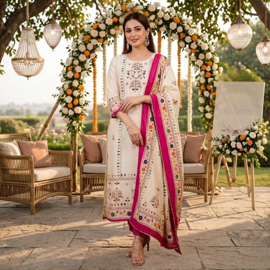 Beautiful  Printed With Mirror Work Cotton 3 Pcs Suit For Women 003