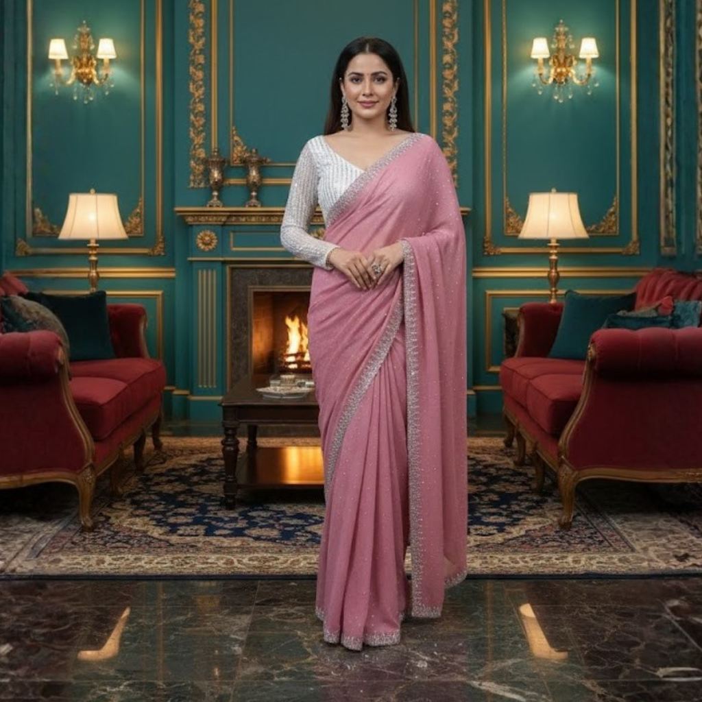 Georgette Saree with Blouse and Diamond Work For Women