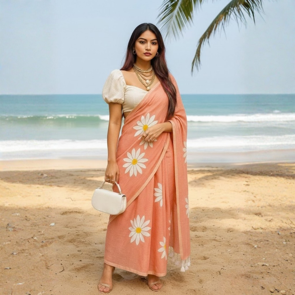 Printed Cotton Saree Collection  With Fumka Border  For  Women