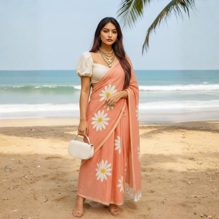 Printed Cotton Saree Collection  With Fumka Border  For  Women