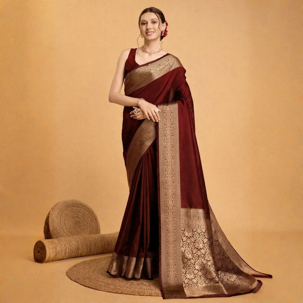 Printed Silk Saree With Contrast Heavy Blouse For Women