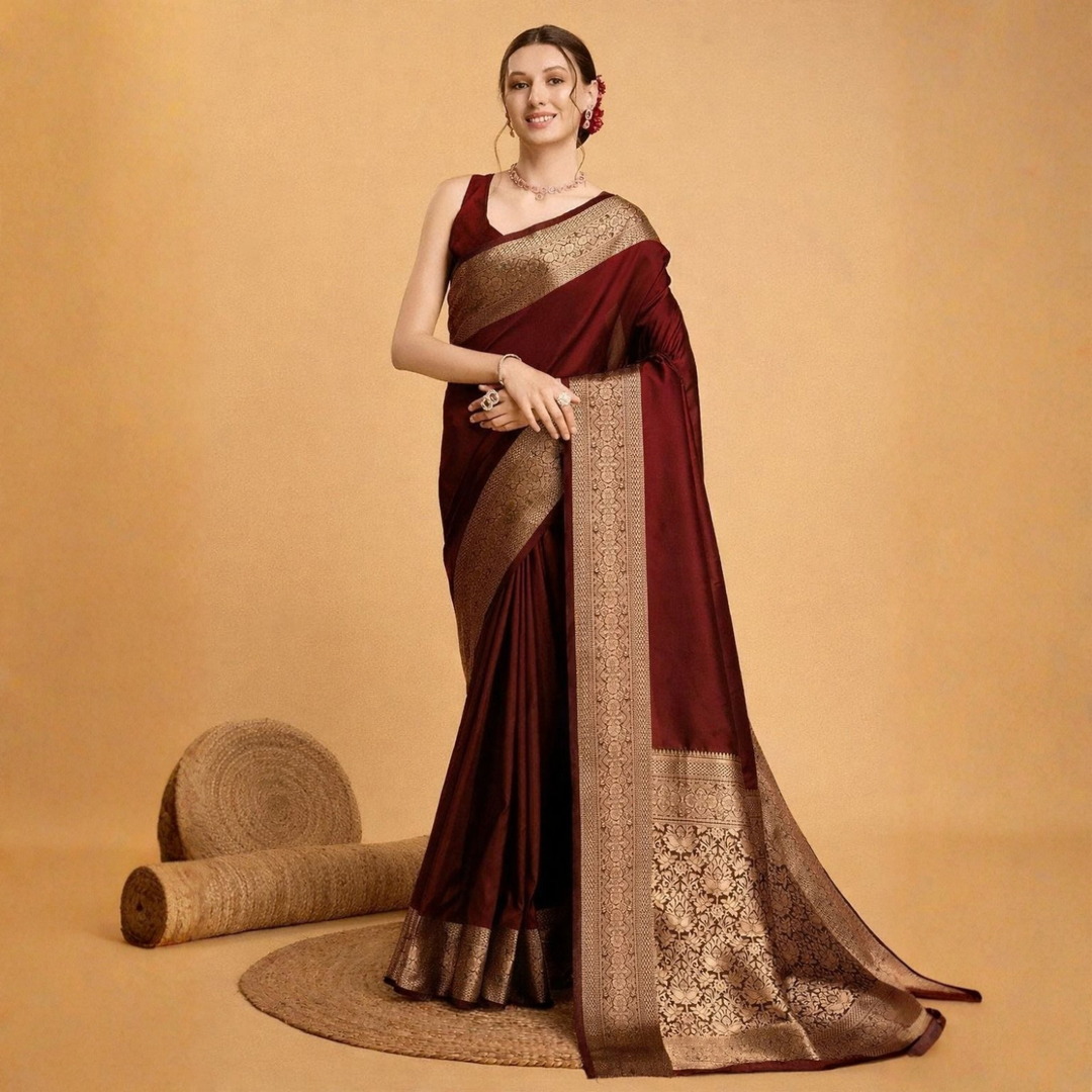 Printed Silk Saree With Contrast Heavy Blouse For Women