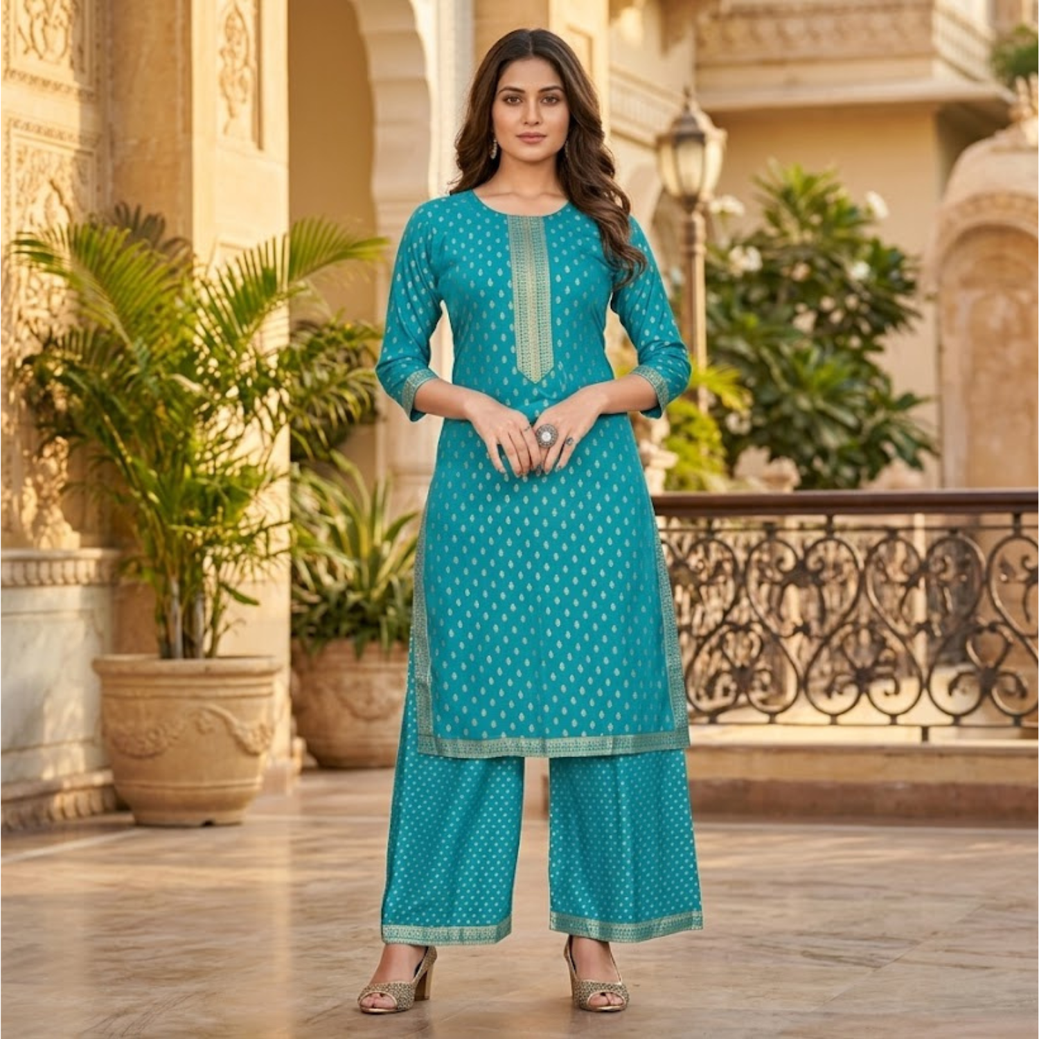 Rayon Embroidered Kurti with Plazzo 2 Pcs Dress