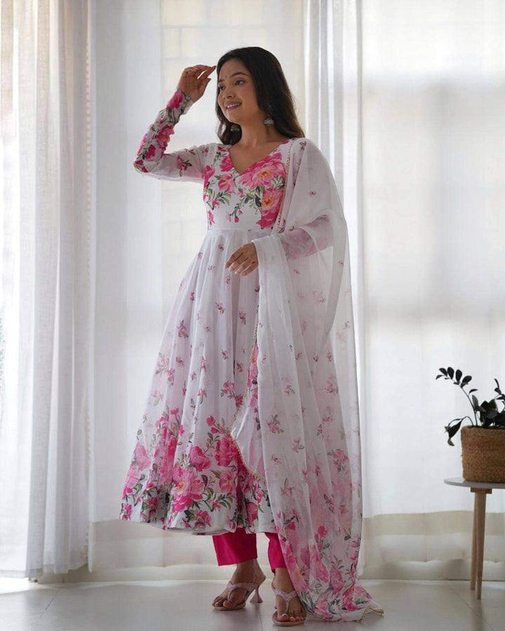 Flower Print Organza silk Anarkali Gown