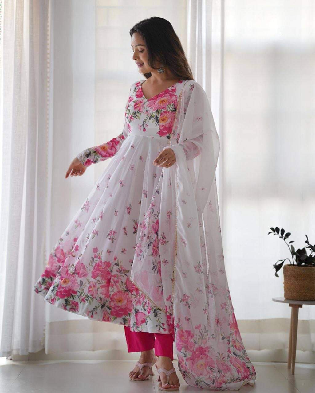 Flower Print Organza silk Anarkali Gown