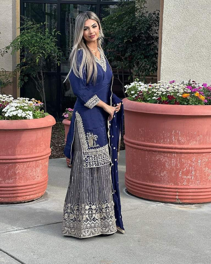 Full Heavy Work Navy Blue Sharara Suit