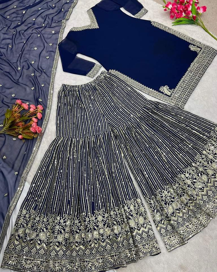 Full Heavy Work Navy Blue Sharara Suit