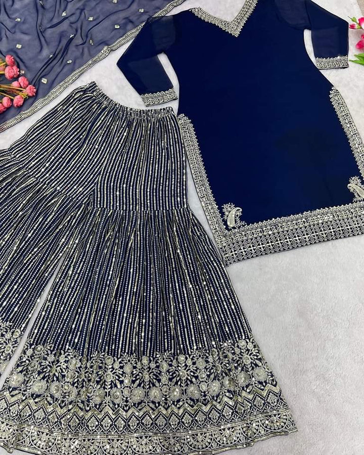 Full Heavy Work Navy Blue Sharara Suit