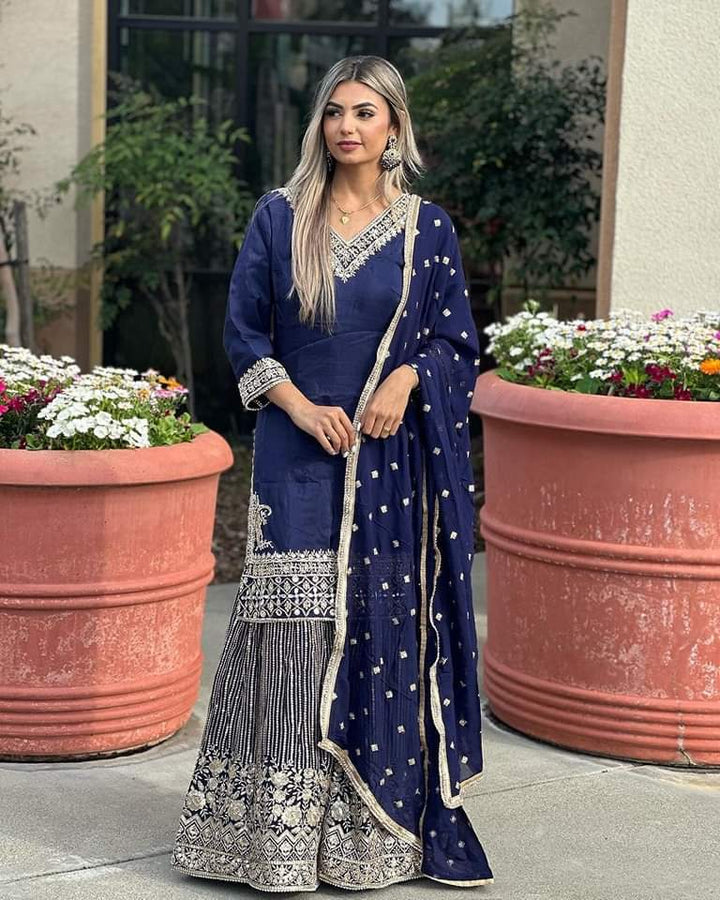 Full Heavy Work Navy Blue Sharara Suit