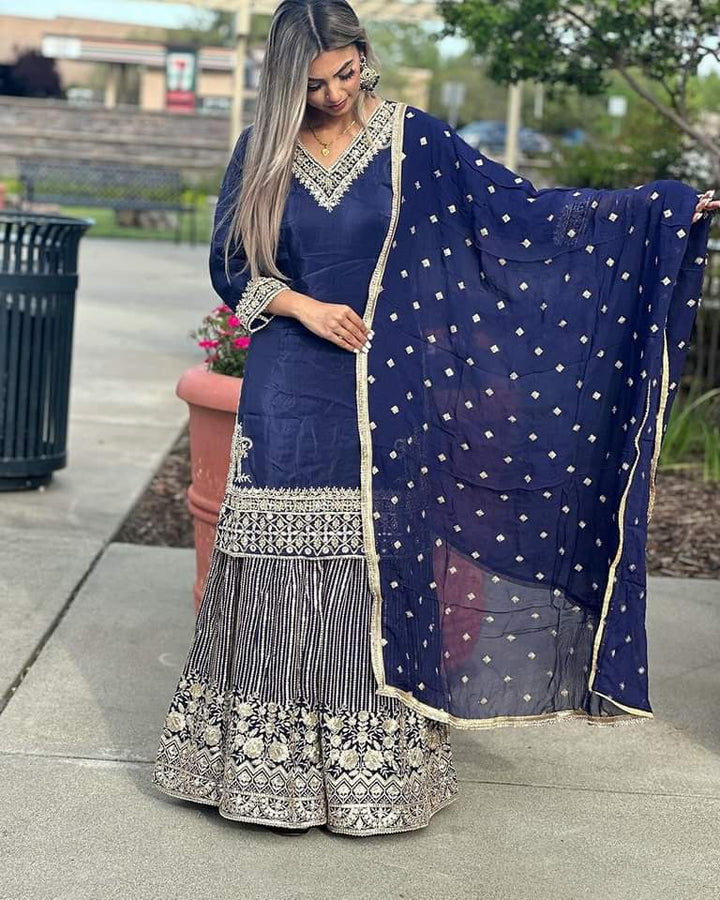 Full Heavy Work Navy Blue Sharara Suit