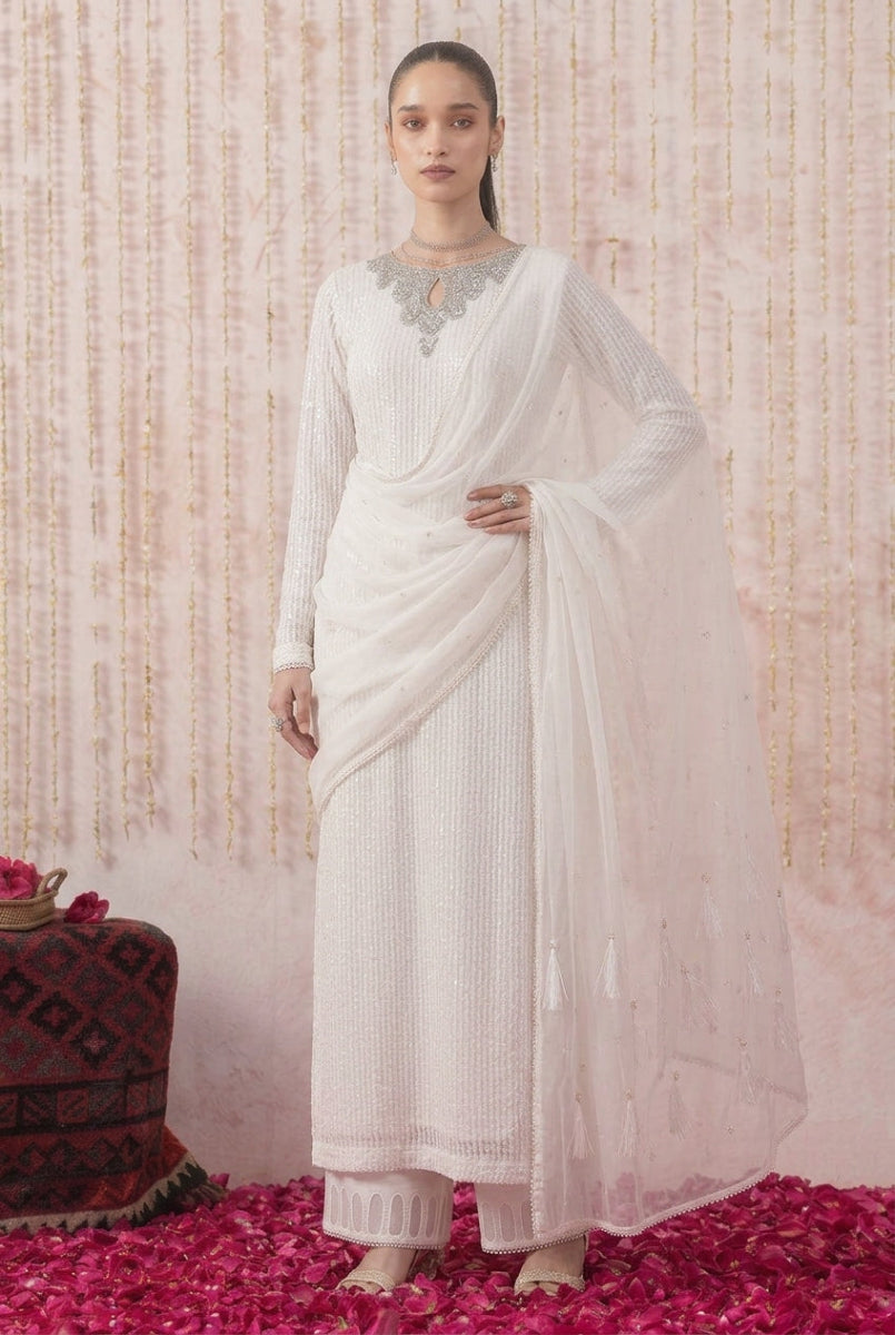 Ivory White Heavy Embroidered Chiffon 3-Piece Suit – Ready to Wear