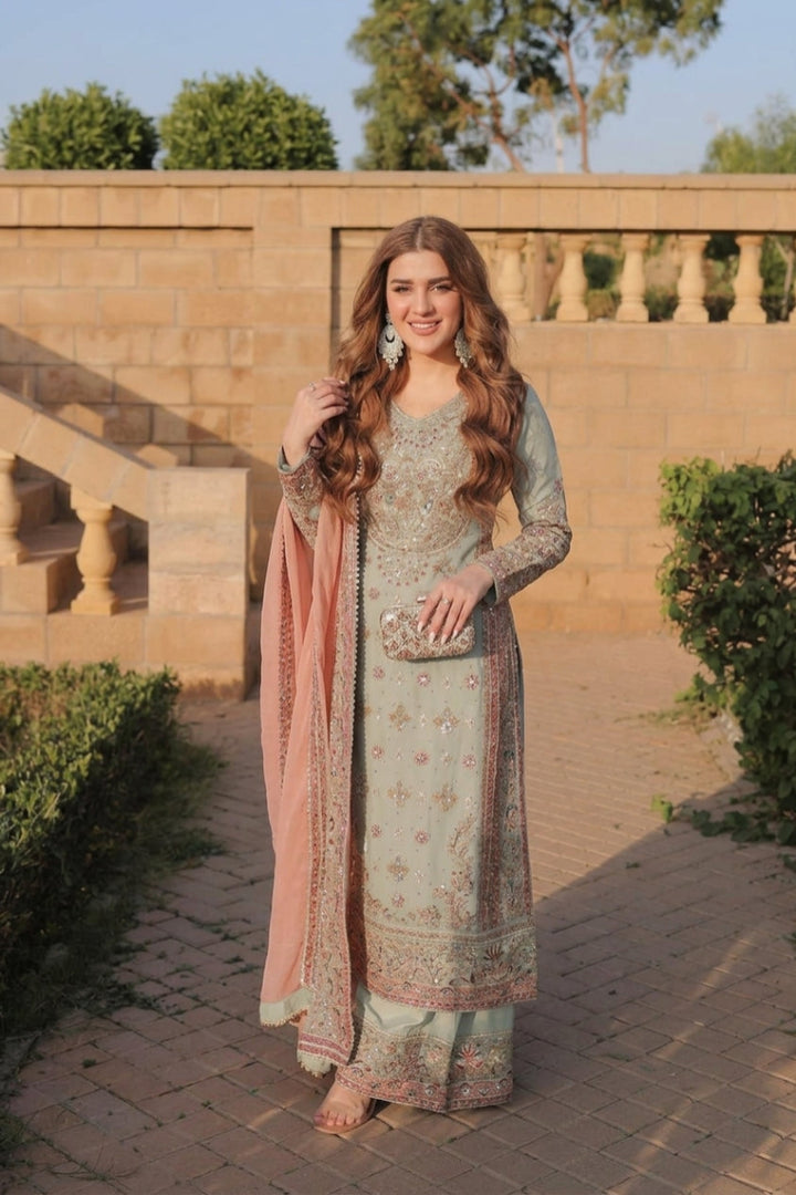 Pink &amp; Sea Green Embroidery 3Pcs Suit  For Women 003